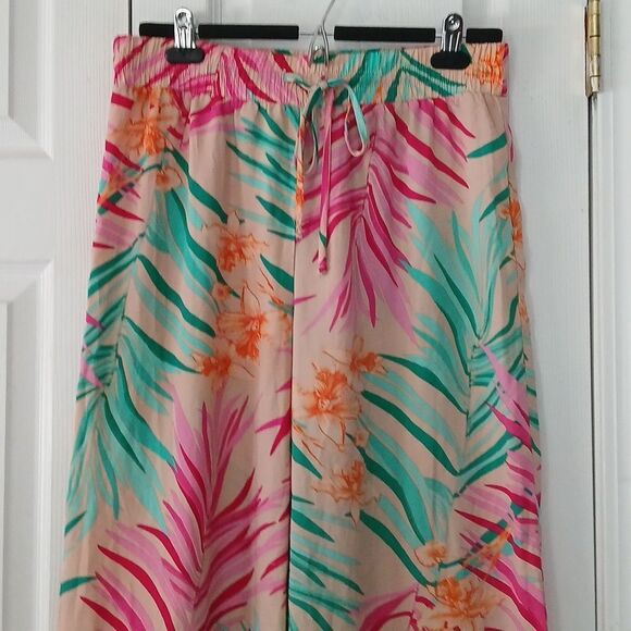 Forever 21 tropical beach lounge wide leg palazzo elastic waist pants  Sz L - Picture 3 of 6
